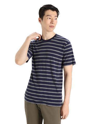 Midnight Navy / Gritstone Heather Icebreaker Merino Drayden Short Sleeve Stripe Men's T Shirts | AU 1184WNBY